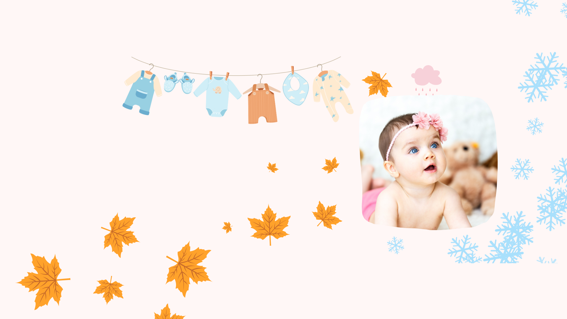 Baby photo with colorful clothes and autumn leaves on a white background