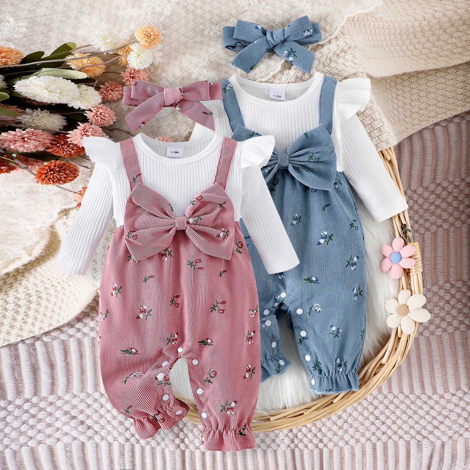 Floral Patchwork Long Sleeve Romper & Headband Set