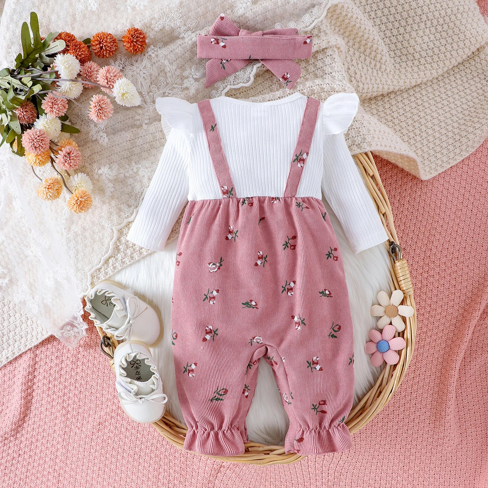 Floral Patchwork Long Sleeve Romper & Headband Set