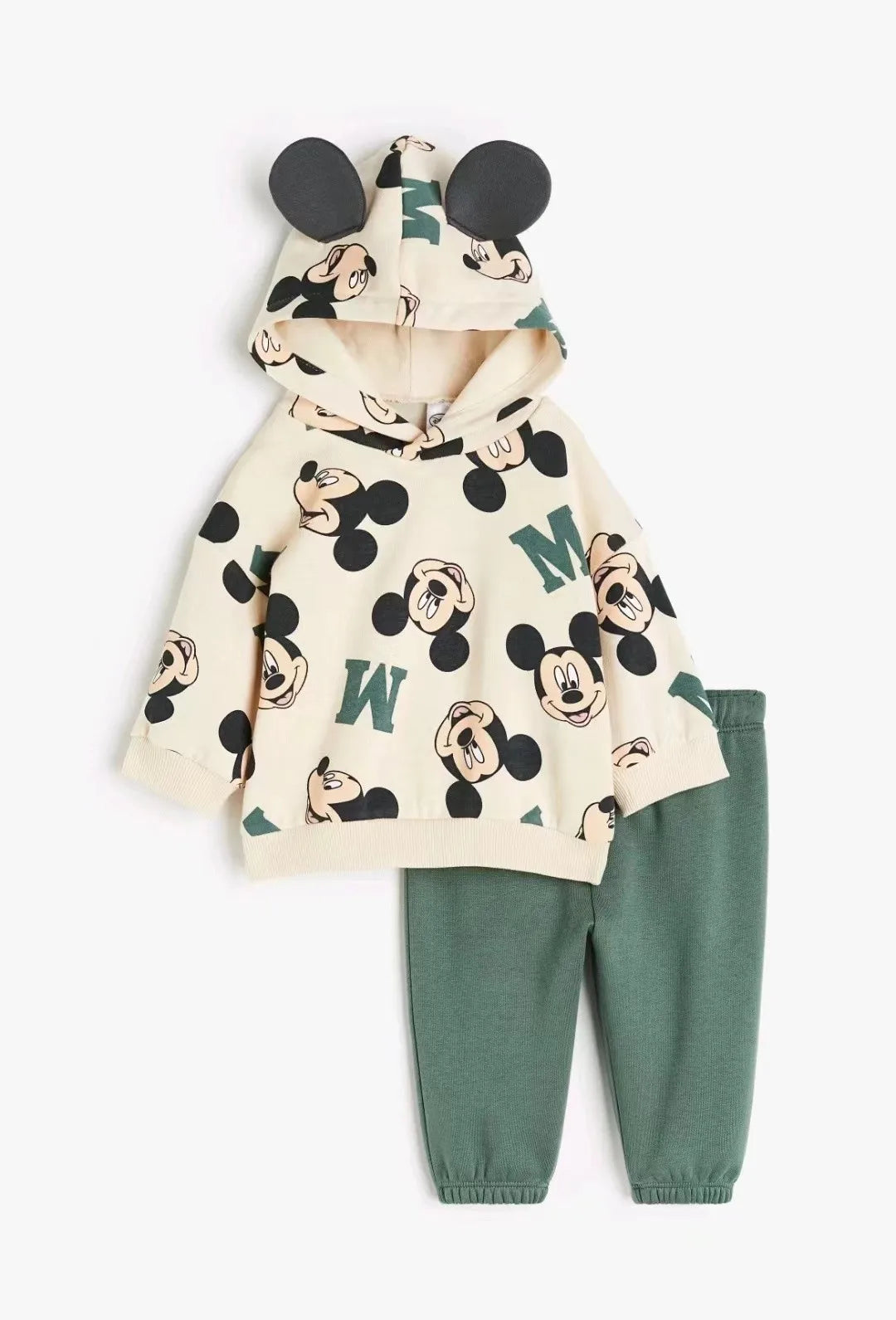 Children's hoodie and pants set with Mickey Mouse design on a white background